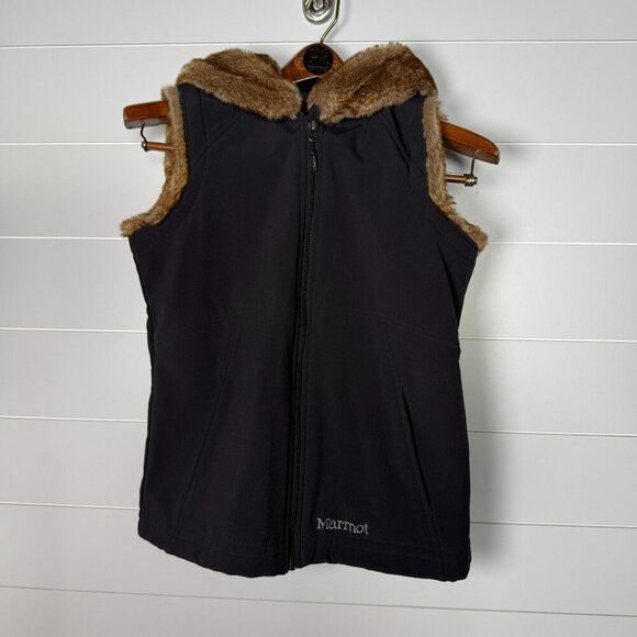 Marmot Black Soft Shell Vest With Faux Fur Hood Women's SIZE SMALL - Picture 1 of 7